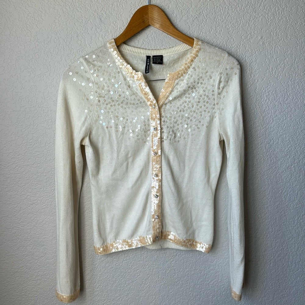 CHARLOTTE Cream Sequin Cardigan with Jewel Buttons Women’s size SMALL